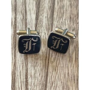 SALE Vintage Gold Tone Square‎ Cuff Links Black Initial F Collectible